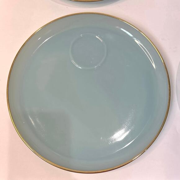 Vintage Blue Milk Glass Fire King Snack Plate Set of (7) Gold Rimmed 1950s - Picture 8 of 9